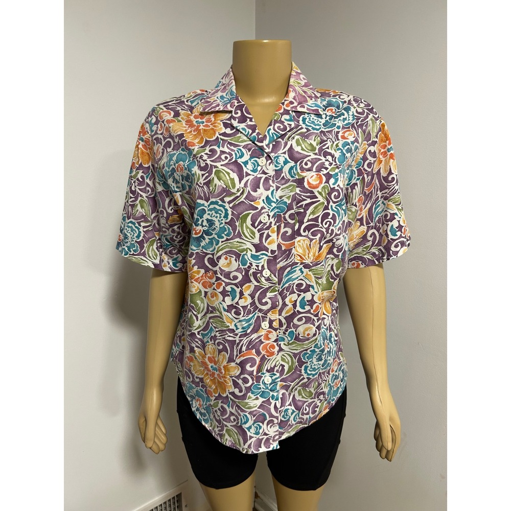 Picture Perfect Vintage Floral Button Down Shirt Short Sleeve Purple Teal Large